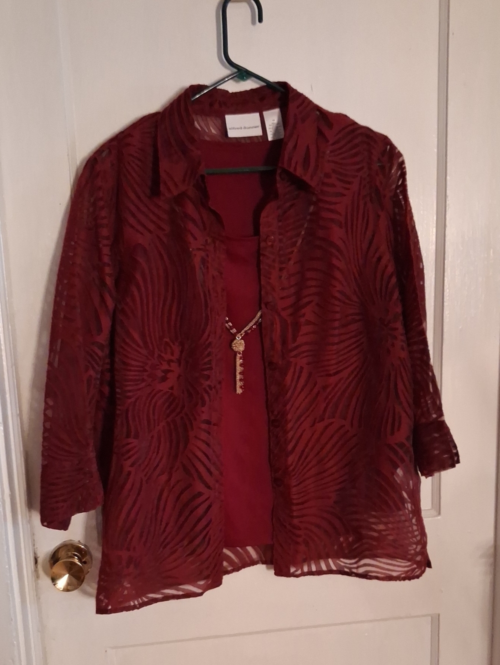St. John Collection Burgundy Sheer  Button-Down with Matching Tank And Necklace